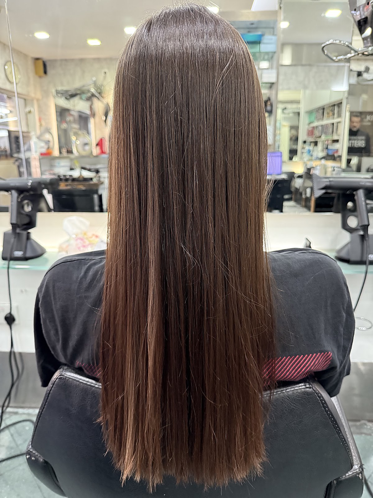 Long straight hair styling result