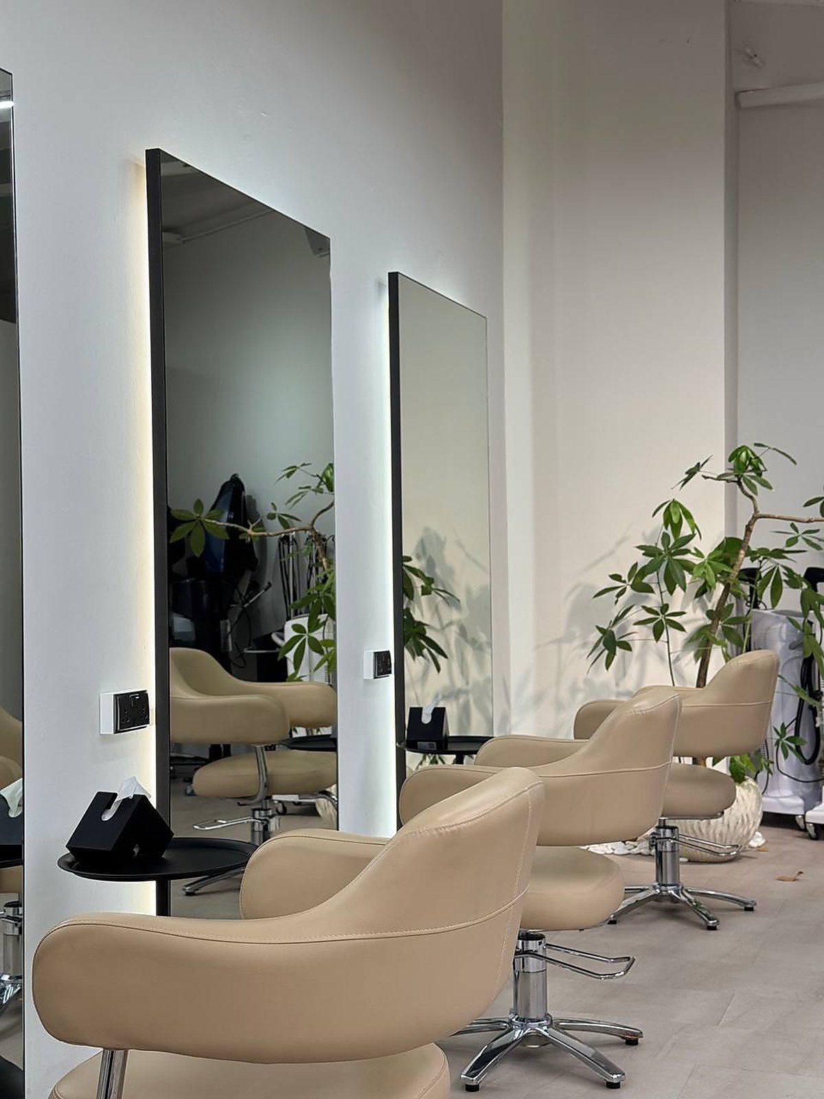 Modern salon interior with mirrored styling stations