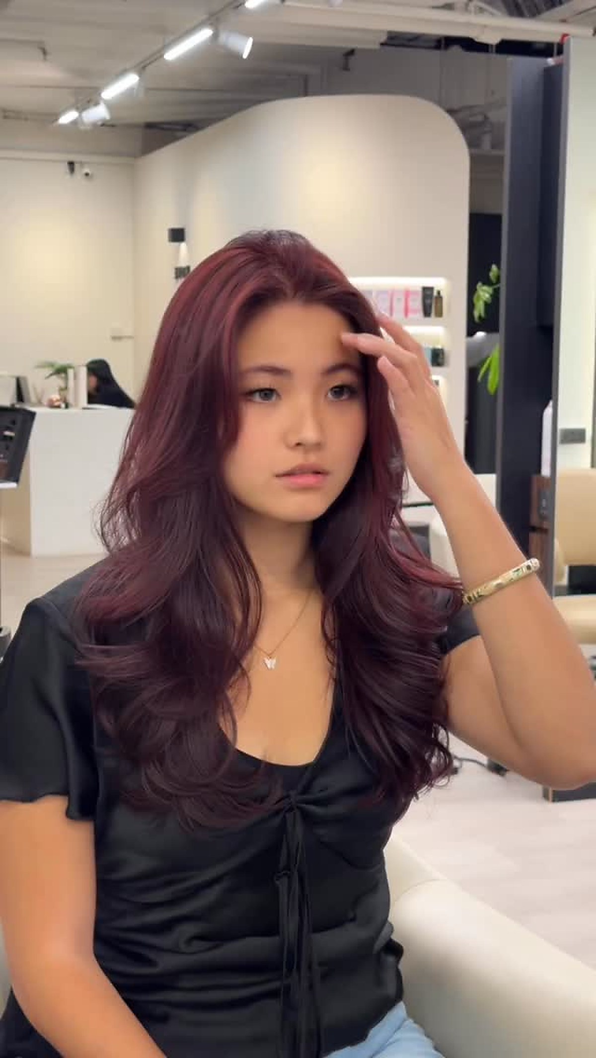 Burgundy hair colour styling result