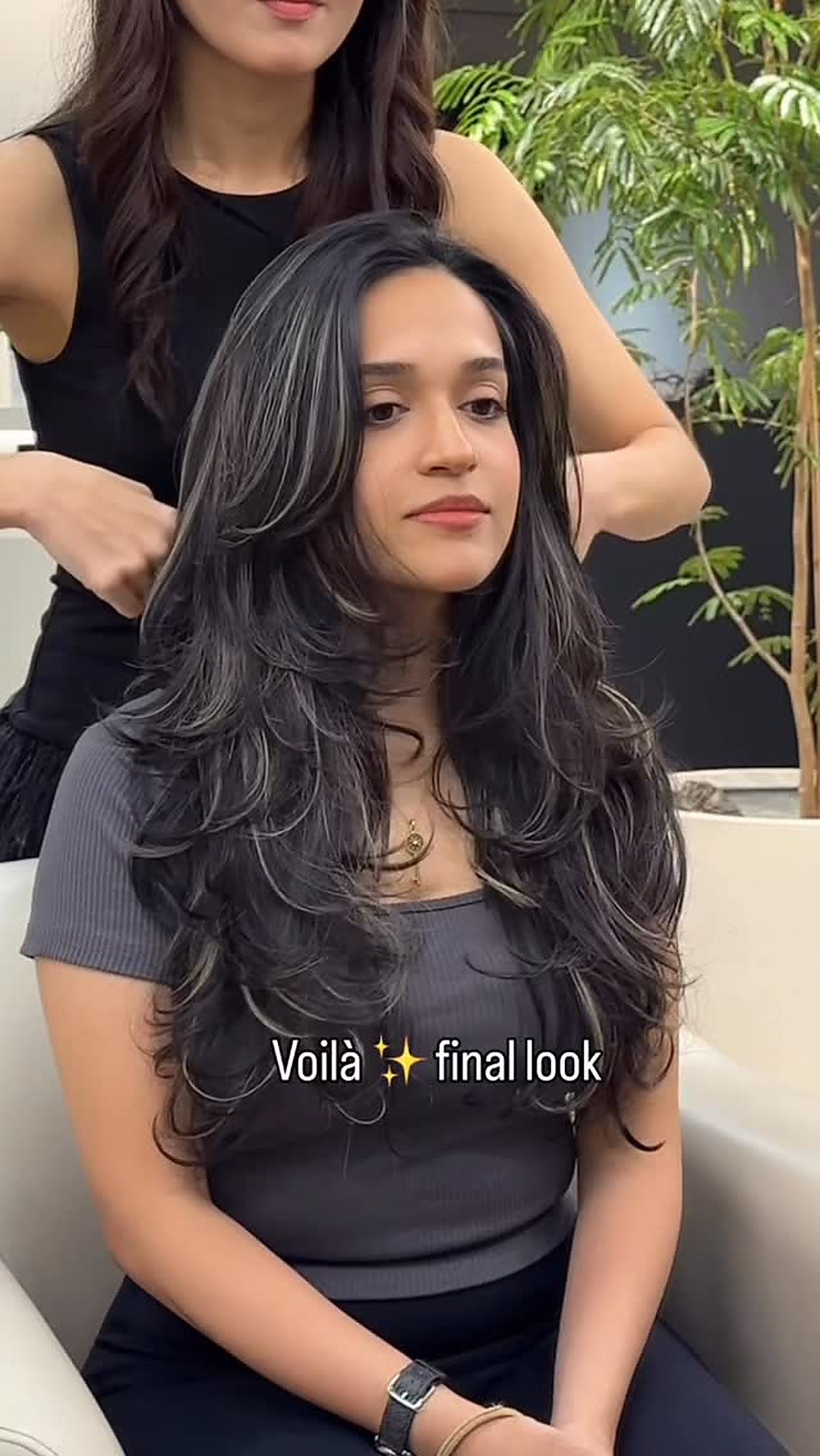 Long layered hair styling result