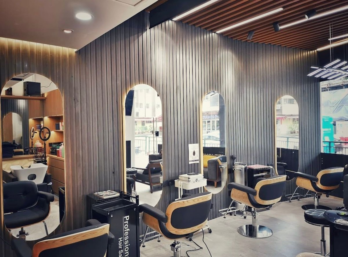 Modern salon interior with arched mirrors and warm wood accents