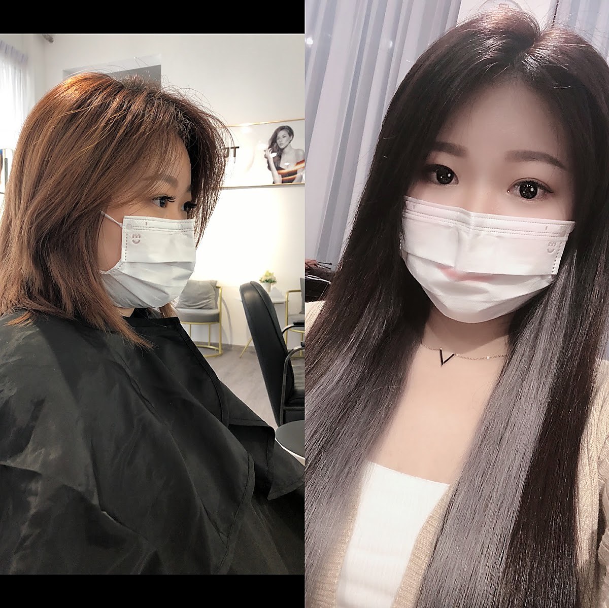 Hair styling result, before and after