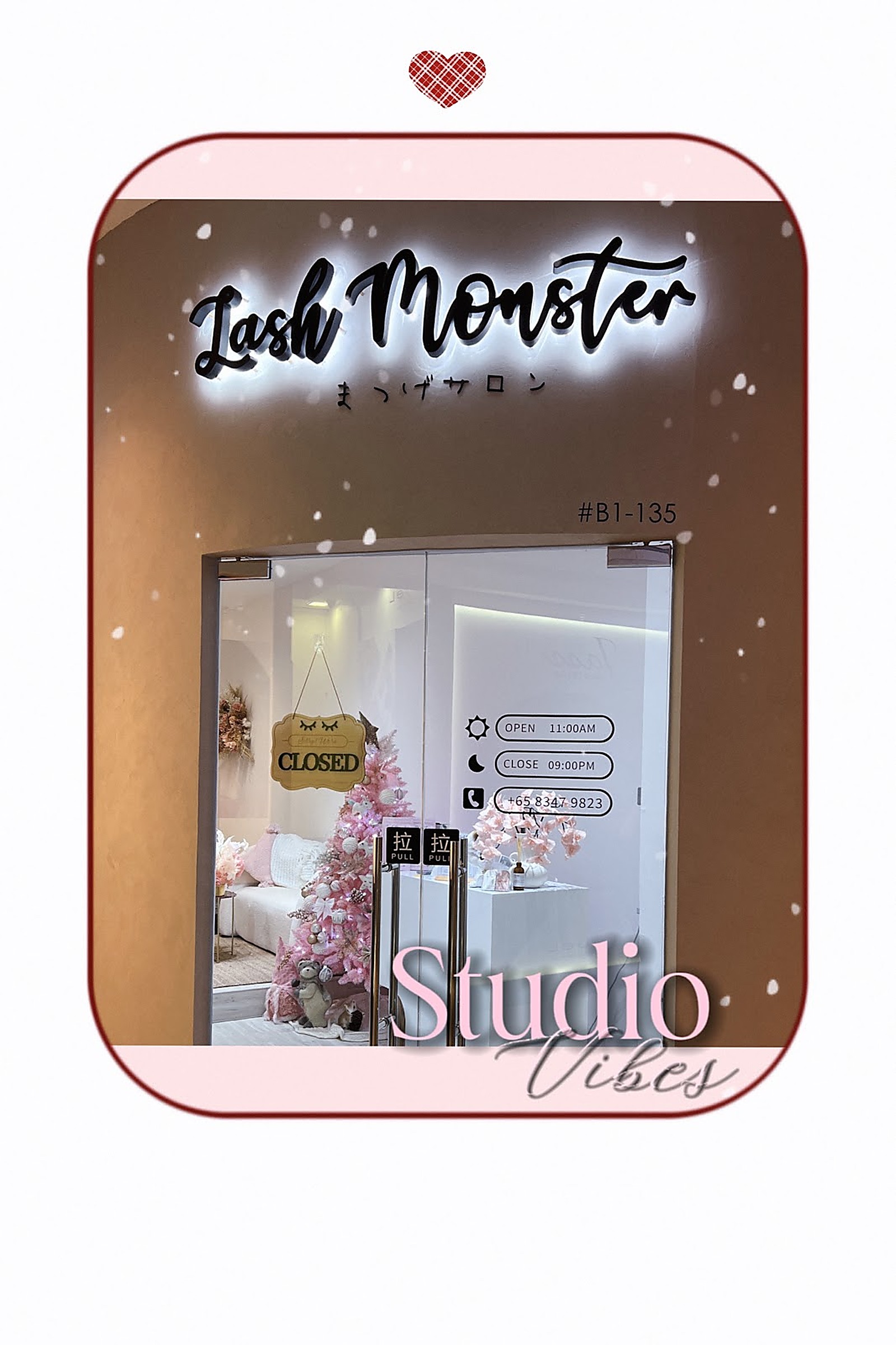 Lash Monster salon storefront, soft and aesthetic
