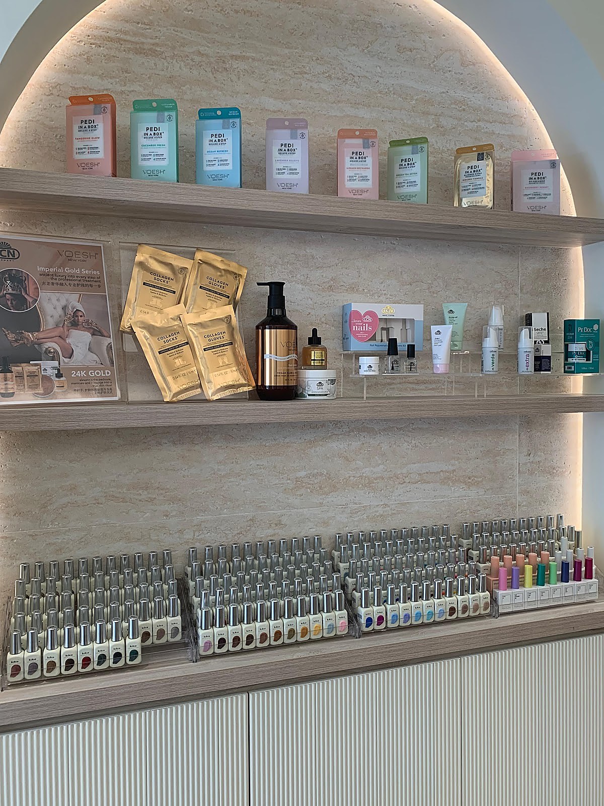 Salon product display shelves at N7 Nails Chinatown