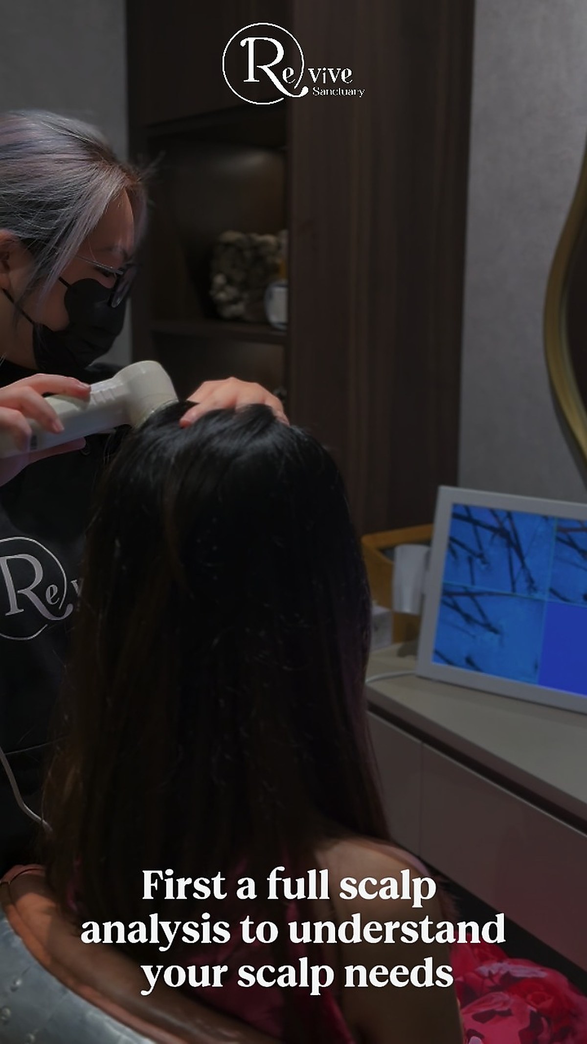 Close-up scalp analysis and consultation