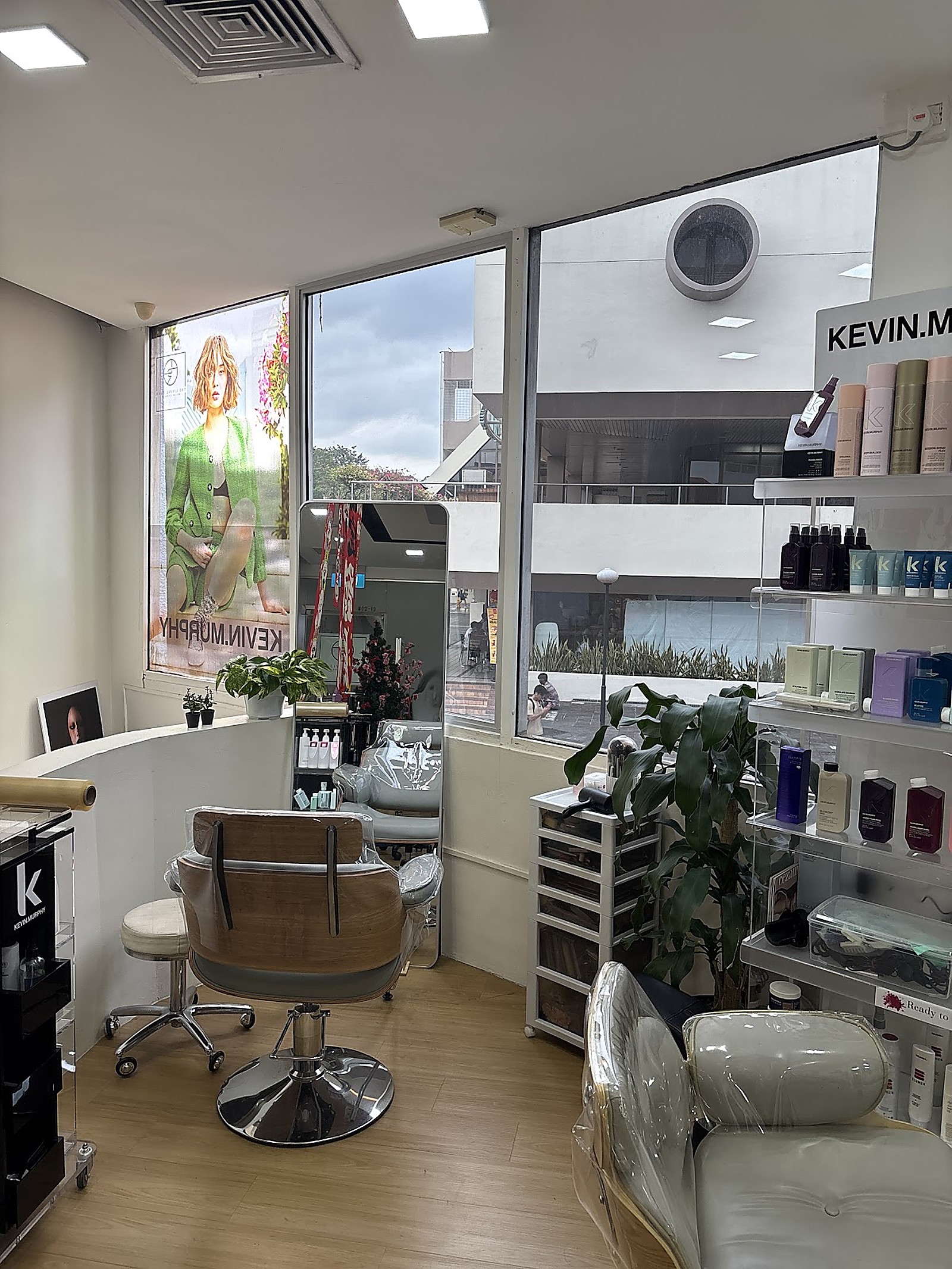 Modern salon interior styling station with arched mirror